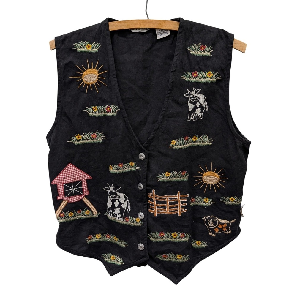 Vintage Women's‎ Novelty Farm Cow Embroidered Cotton Vest Black Cottage- M